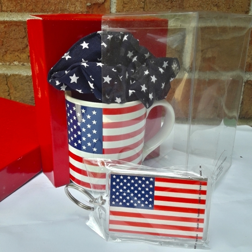 NWT American Flag Gift for him Key Chain Mug Set and Pony Tail Tie Patriot - Picture 9 of 9